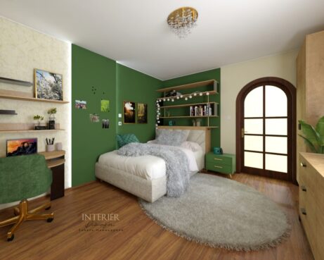 návrh dievčenskej študentskej izby v smaragdovej farbe